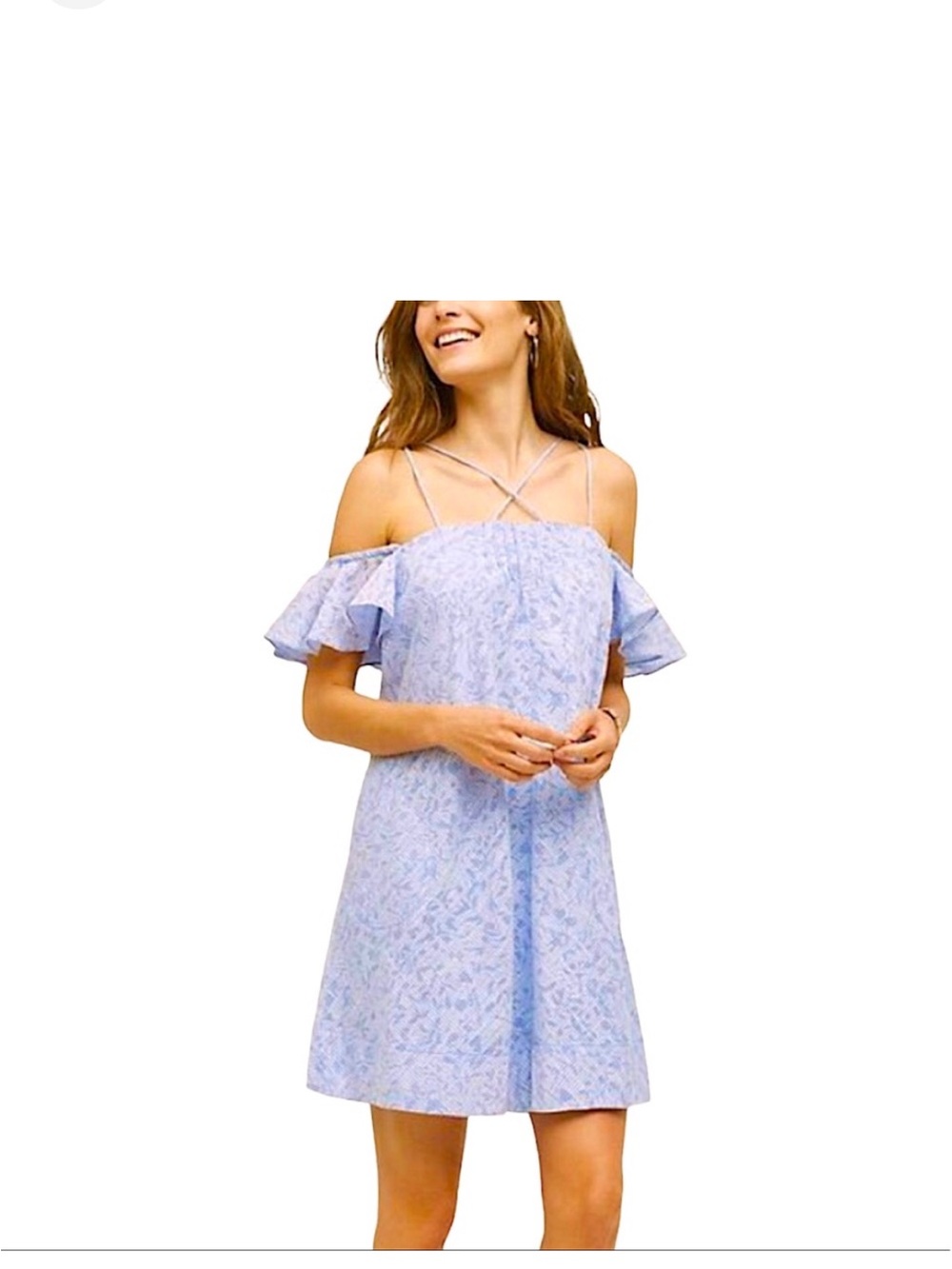 HD in Paris Light Blue Floral Off-Shoulder Mini Dress with Strappy Back-Small